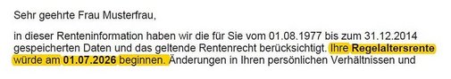 Renteninformation Regelaltersrente Schreiben der Rentenversicherung: Renteninformation mit Hinweis Regelaltersrente