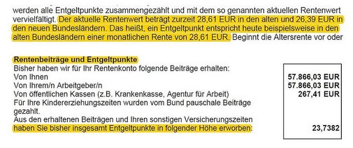 Schreiben der Rentenversicherung: bisher erworbene Rentenpunkten